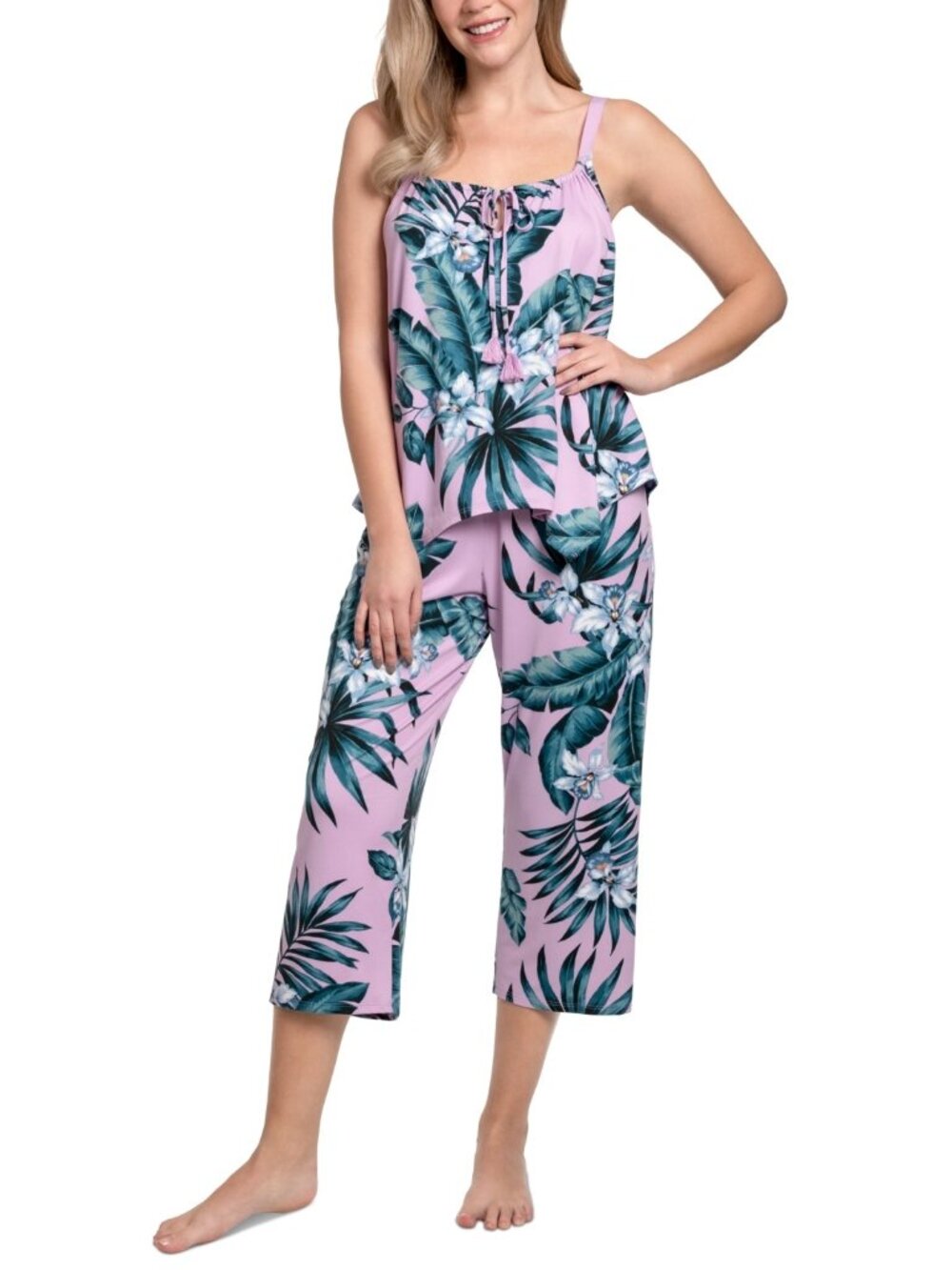 #1996 Linea Donatella Women's Rhadna Cropped Pant Pajama Set - Pink Floral
